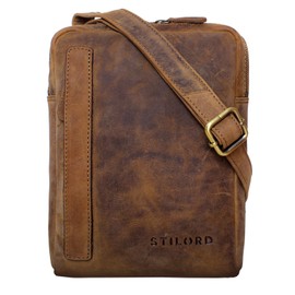 STILORD 'John' Small Men's Leather Shoulder Bag Vintage Cross Body Cross Over for 8.4 Inch Tablet Handbag in Genuine Leather, Colour:Middle Brown