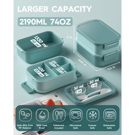 Adults Bento Lunch Box Set with Thermo Bag, 74oz Stackable Leak-proof 3-tiers Bento Box, Built-in Utensil and Sauce Container for Work, School, Dining Out (Green)