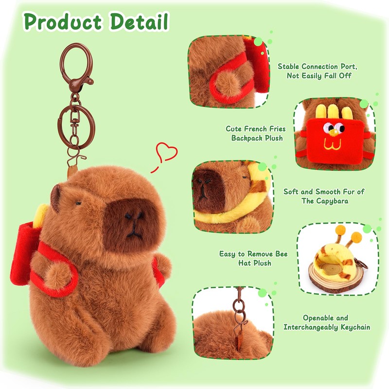 Capybara Plush Keychains With Bee Hat Furry Cute Plush Keychain