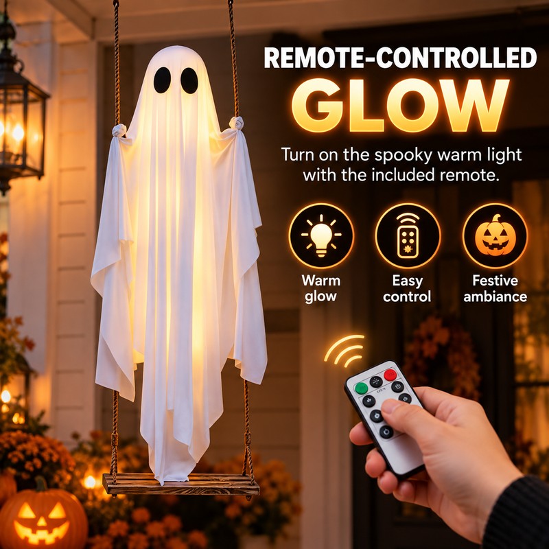 Hanging Ghost Decoration for Halloween – Light-Up Swing Ghost Ornament
