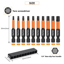OUMUIK Torx bit set for screwdrivers, 10 pieces, length 50 mm, 1/4 inch hex shank, with dispenser box