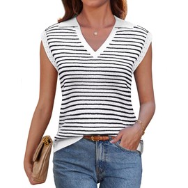 GRACE KARIN White Sweater Vest for Women 2025 Cap Sleeve Striped V Neck Collared Knit Tank Top Summer Causal Sweater Top White