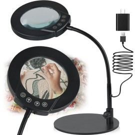 Magnifying Glass with Light and Stand 10X, 5 Color Modes Dimmable LED Lighted Desk Lamp, Hands Free Flexible Gooseneck Magnifier with Light for Reading Craft Hobby Painting Sewing Close Work Seniors