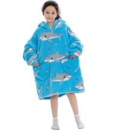 Wearable Blanket Hoodie, Adult/Children, Oversized Portable Cuddly Jumper, to Put on, Warm, Cuddly Jumper (Blue Shark, Child)