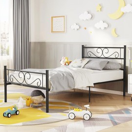 VECELO Twin Size Bed Frame with Headboard, 14 Inch Metal Platform Mattress Foundation, No Box Spring Needed, Squeak Resistant, Easy Assembly, Matte & Black