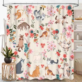 TKUYO Cat Shower Curtain, Farmhouse Watercolor Floral Cute Cat Wildflower Lovely Kawaii Kitten Lovers Aesthetic Boho Beige Waterproof Fabric Bathroom Shower Curtain Set with Hooks, 72"x72" Inch