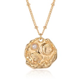 Fettero 14K Gold Plated Coin Pendant Necklace for Women | Ocea Sea Bohemian Necklace | Adjustable Chain Necklaces | CZ Dainty Gold Necklace for Women -Pear & Shell