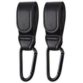 Noneea 2PCS Stroller Hook Accessories, Multipurpose Stroller Bag Hook, Award Winning Leather Stroller Clip (Black)