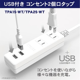 Topland TPA25-WT Power Strip, Tracking Prevention Plug (2 Outlets / 2 USB Ports), Cord Length 9.6 ft (2.5 m), Auto Power System, Compact Type,