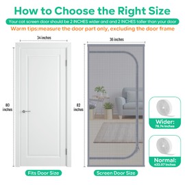 Reinforced Cat Screen Door, Fits Door Size 34''x 80'' Heavy Duty Pets Proof Screen Door with Bilateral Zipper, Prevent Dogs Cats Running Out from Home, Bedroom,Living Room, Kitchen