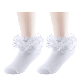 Yepami Big Girls Lace Socks Shimmering Cute Ruffle Comfortable Frilly Dress Ankle Socks 3 Pairs (White, Large, 8_years)