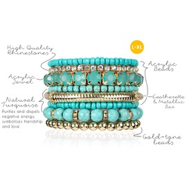 RIAH FASHION Multi Color Stretch Beaded Stackable Bracelets - Layering Bead Strand Statement Wrap Bangles (Natural Stone - Turquoise, 8.0 Inches)