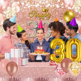 Rose Gold 30th Birthday Party Decorations, 30th Birthday Decorations for Women Girls Happy Birthday Banner Rose Gold Tablecloth Star Foil 30 Balloons Happy Birthday Backdrop for Thirty Birthday Party