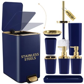XLHOMO Navy Blue Bathroom Accessories Set 8 Piece Navy Blue and Gold Bathroom Set, Bathroom Sets with Stainless Steel Trash Can,Toilet Brush,Toothbrush Set,Soap Dispenser