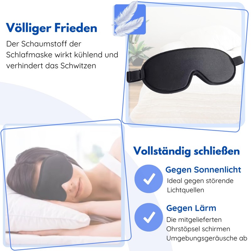 Hilvard Schlafmaske, Augenmask, inklusive Schlaf-Ohrstöpsel, 100% Verdunkelung, Verstellbar, Ergonomisch, Schwarz