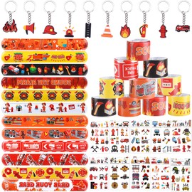 Ainvliya Firefighter Party Bag Fire Brigade Decoration Children's Birthday Party with Snap Bracelet Children's Tattoos Fireman Key Ring Party Bag Children's Birthday Party for Boys 32 Pieces