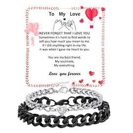 Fehki Matching Couple Cuban Chain Bracelets Gifts for Boyfriend Husband Soulmate Girlfriend Valentine's Day Anniversary Birthday Christmas Gift,Adjustable Size (Love, Black+Silver)