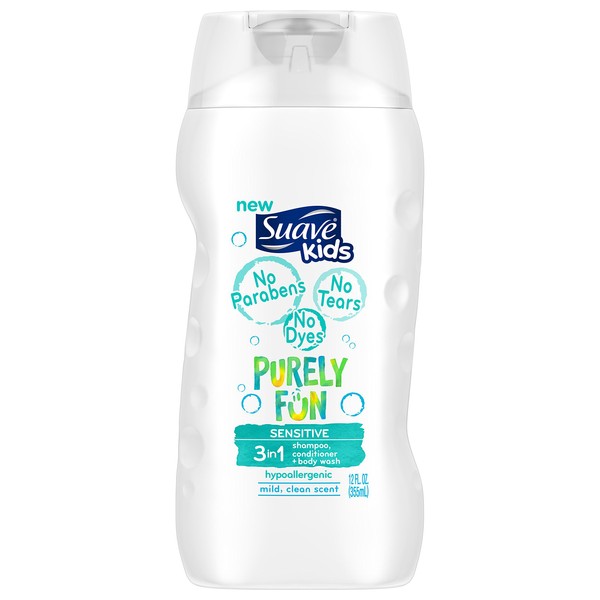 Suave Kids 3 in 1 Shampoo Conditioner Body Wash, Purely Fun Sensitive, 12 oz