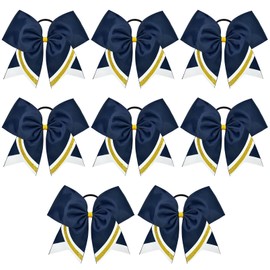 8PCS Glitter Cheer Bow 8" Large Cheerleading Bows Bulk Hair Bows Girls Navy Blue Cheer Bows Elastic Band Ponytail Holder for Cheerleaders Teen Girls College Sports Competition