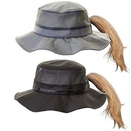 Ponytail Sun Hat w/Chin Strap Bundle - Black & Grey (2 Pack)