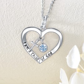 PEIMKO Baptism Gifts for Girls I am a Child of God March Birthstone Cross Heart Pendant Necklace 925 Sterling Silver First Communion Gifts for God Daugher 16 Inch