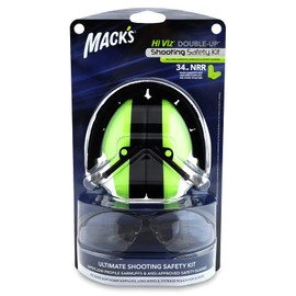 Mack's Double-Up Shooting Earmuff Safety Kit - Hi Viz Shooters Ear Muffs, Soft Foam Ear Plugs and Safety Glasses with Storage Pouch and Lens Wipes