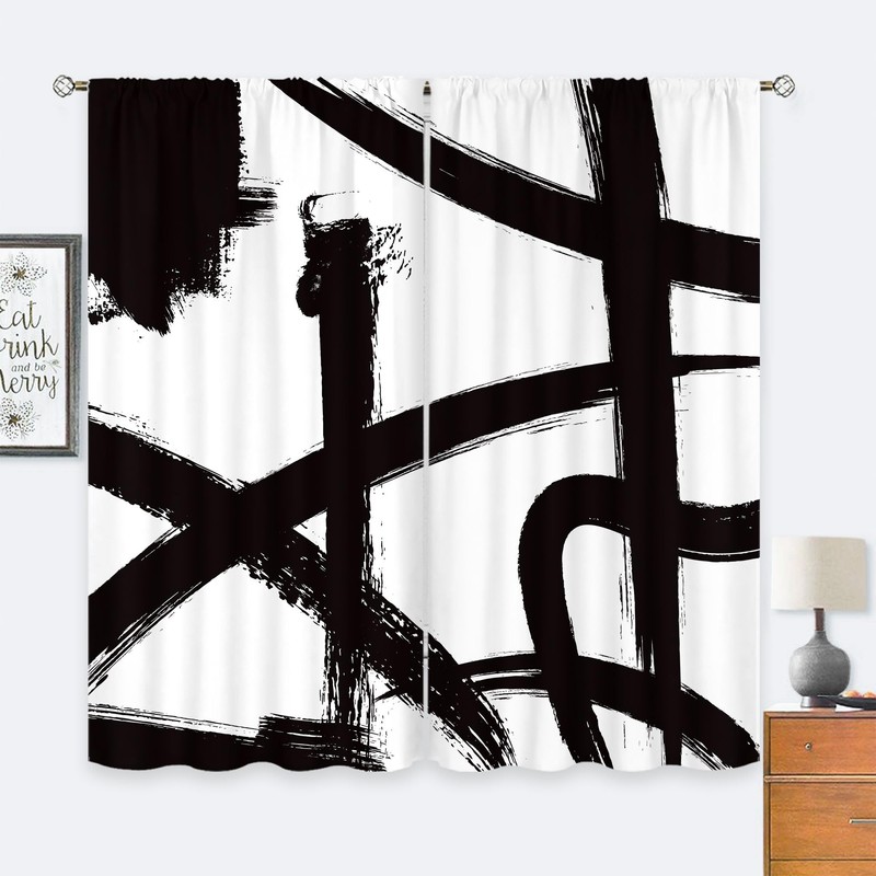 Black White Abstract Modern Geometric Living Room Bedroom Window Curtains