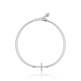 TERRA ARGENTI Rhinestone Cross Bracelet with Double Strand Chain | Genuine .925 Sterling Silver Bracelet | Gift for Women | 6 Inch + 2 Inch Extender | Fits Size 6-8 Inch Wrists (Sterling silver)