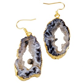 SUNYIK Natural Quartz Geode Agate Slice Dangle Earrings,Dark Color Crystal Druzy