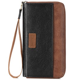 SENDEFN Women's Large Leather Purse with Zip, RFID Protection, Long Women's Purse with Multiple Card Slots and Wrist Strap, Blackish brown, Contemporary