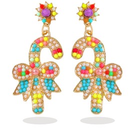 Christmas Earrings for Women Christmas Pearl Cane Earrings Beaded Dangle Earring Holiday Drop Earrings Cane Dangling Earring Christmas Party Jewelry Gifts for Girls(Beads)