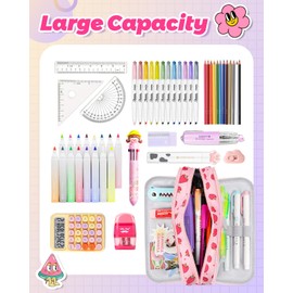 Bistup Pencil Case Pouch Pen Bag for School Cute Kawaii Girls Girly Cartoon Strawberry Teen Girls Zipper Pencil Pouches Large Stationary Bags 3 compartments with Lanyard+ID Badge Holder+Pen+Sticker