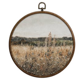 QKX Round Wall Decoration, Vintage Floral Field Landscape Wall Art, Printed Canvas Wall Hanging for Bedroom Kitchen Home Office, Living Room Wall Art, Dorm Decor, Circular Wall Hanging with Hooks,21