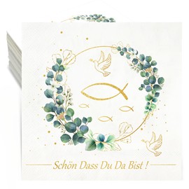 Napkins Christening Eucalyptus, Pack of 36 Communion Napkins Eucalyptus Green Schön Dass Du Da Bist Napkins Confirmation Boy Girl Christening Decoration Confirmation First Communion Table Decoration