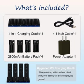 DTianSir 4 in 1 Wii Remote Charger,Charging Station with 4 Pack 2800mAh Rechargeable Battery,Plugs,USB Cable for Wii/Wii U Remote Controller (Black)