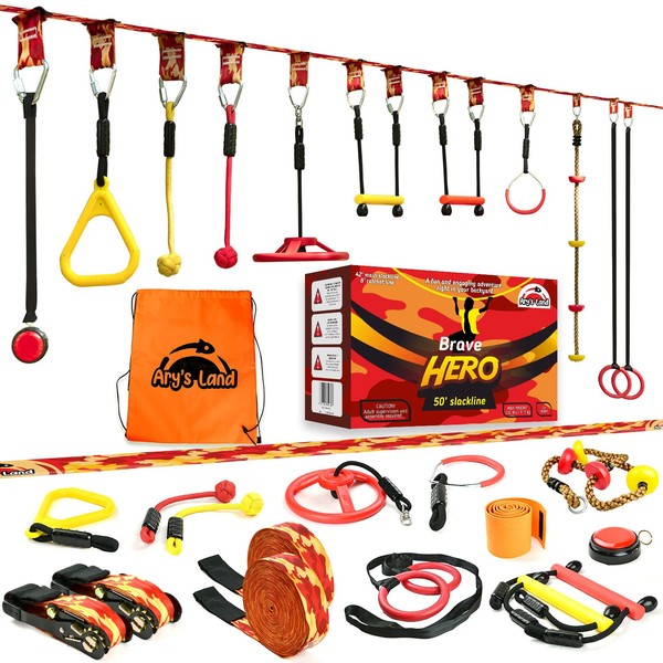 Updated Ninja Warrior Obstacle Course - 2x50FT Ninja Slackline for Kids with 11 Accessories & Bag, Buzzer Button, Gymnastic Rings, Monkey Bars, Climbing Rope, and Plenty More - 2023 CPSIA Certified
