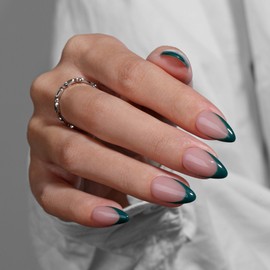 KQueenest Dark Green French Tip Press On Nails Short Almond, 30 Pcs Acrylic Press On Nails With Glue, Glossy Soft Gel Short Fake Nails Press ons, Reusable Natural Nude Glue on Nails for Women