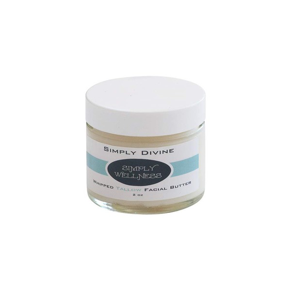 Simply DIVINE Rejuvenating Whipped Tallow Facial Butter w/CoQ10 (2 oz glass jar) - 100% Grass fed - 100% Natural & Organic = for Dry Irritated Skin, Itch Relief, Rosacea, Eczema, Dermatitis, and more.