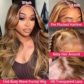 ZHUOBEI 30Inch Honey Blonde Ombre Lace Front Wig Human Hair 13x6 HD Lace Front Wig Human Hair 4/27 Highlight Ombre Body Wave Lace Frontal Glueless Wigs Pre Plucked with Baby Hair 200 Density