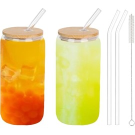 HLGND Reusable Can Shaped Glass Cups with Wooden Lids and Glass Straws,