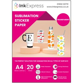 Ink Express A4 Transparent Sublimation Sticker Paper - Compatible with Epson, Sawgrass Sublimation Printers - Vivid Colour, Glossy, Transparent, Water Resistant (20)