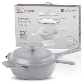 ZUKA Ceramic Pan by Granitestone, 6 Pc Non Toxic Ceramic Deep Frying Pan Set with Steamer & Spatula, Everyday Pan Skillet, Non Toxic Pans for Cooking, Nonstick Induction, Oven & Dishwasher Safe - Gray