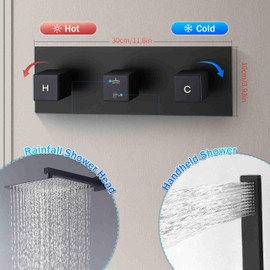 TNOMS Matte Black Rainfall Shower System with 12 Inch Rainfall Shower Head and Square Handheld Shower Head,High Pressure Bathroom Luxury Rain Mixer Shower Complete Combo Set,Wall Mounted