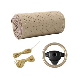 Dickno Car Steering Wheel Cover, Anti-Slip Stitch on Wrap Steering Wheel Protector for Max Diameter 15 Inch, DIY Sewing with Needle Thread, Universal Auto Accessories (Beige, Full Hole)