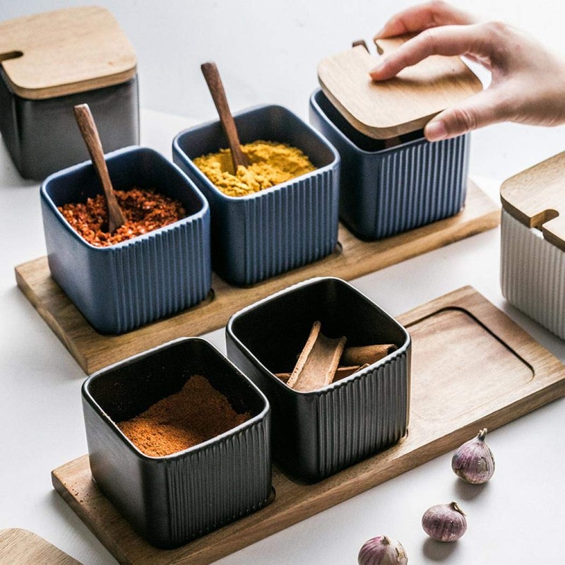 3 Pack Ceramic Condiment Jar Spice Box, Container Seasoning Jars