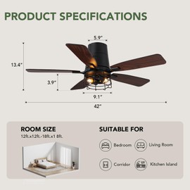 SPACORA Ceiling Fans with Lights, 42 Inch Low Profile Ceiling Fan with Light and Remote Control, Flush Mount, Reversible, Quiet, Black Farmhouse Ceiling Fan for Bedroom Indoor/Outdoor Use