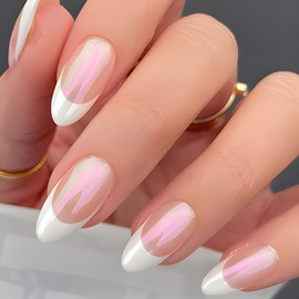 White French Tip Press on Nails Short Almond Fake Nails Nude Acrylic Full Cover Stick on Nails Glossy Almond False Nails Glue on Nails for Women Girls Reusable Press ons Nail Decorations Kit 24Pcs