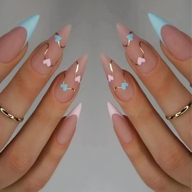 ANDGING Pink Almond Press on Nails Short French Tip Medium Glue on Nails for Women Stiletto Fake Nails with Flower Designs Artificial Stick on Nails Gel Manicure Acrylic False Nails for Wedding
