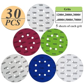 Rouswee 30 PCS 5 Inch 8 Hole #1200-#7000 Sanding Discs 1200/2000/3000/4000/5000/7000 Grit Compatible for Random Orbital Sander Sanding Grinder (30 PCS 5 inch 8Hole #1200-#7000)