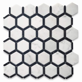 Stone Center Online Carrara White Marble 2 inch Hexagon w/Nero Marquina Black Strips Mosaic Tile Polished Kitchen Bath Wall Floor Backsplash Shower (1 Sheet)